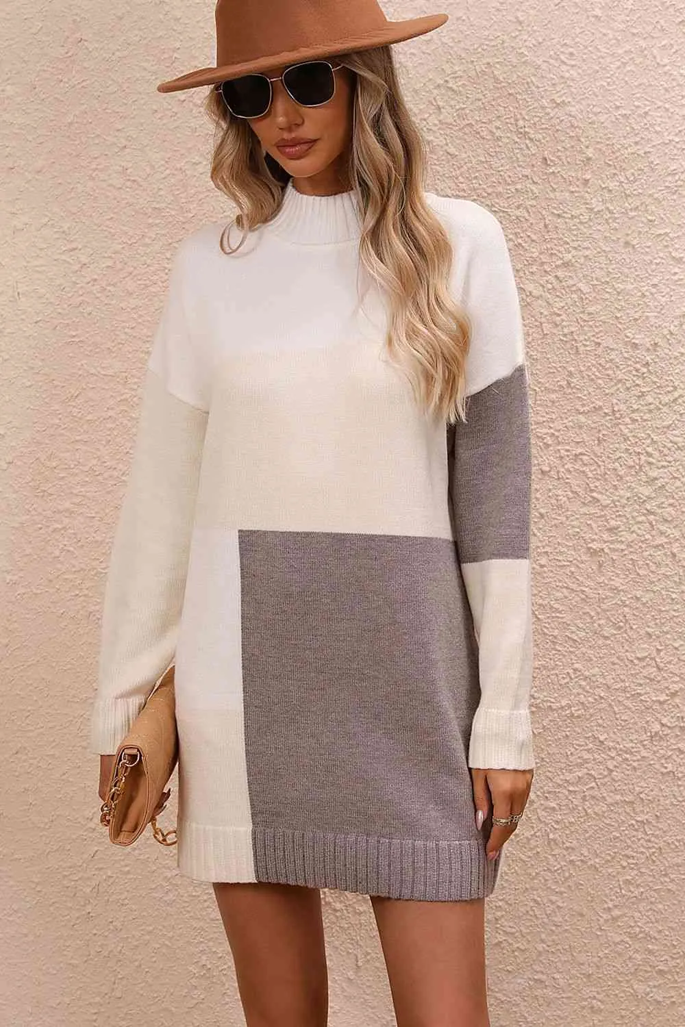 Color Block Mock Neck Dropped Shoulder Sweater Dress (4 Colors)