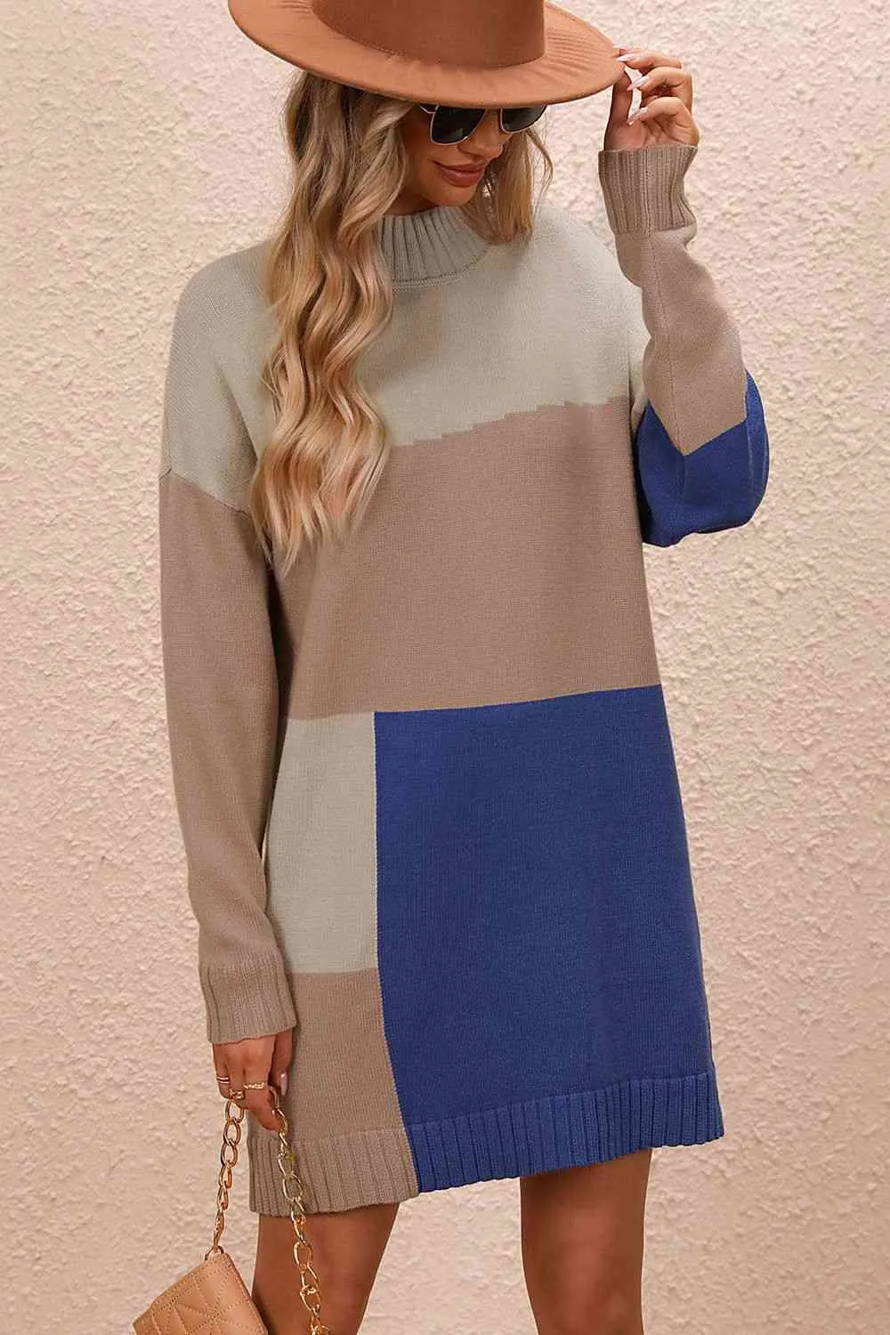 Color Block Mock Neck Dropped Shoulder Sweater Dress (4 Colors)