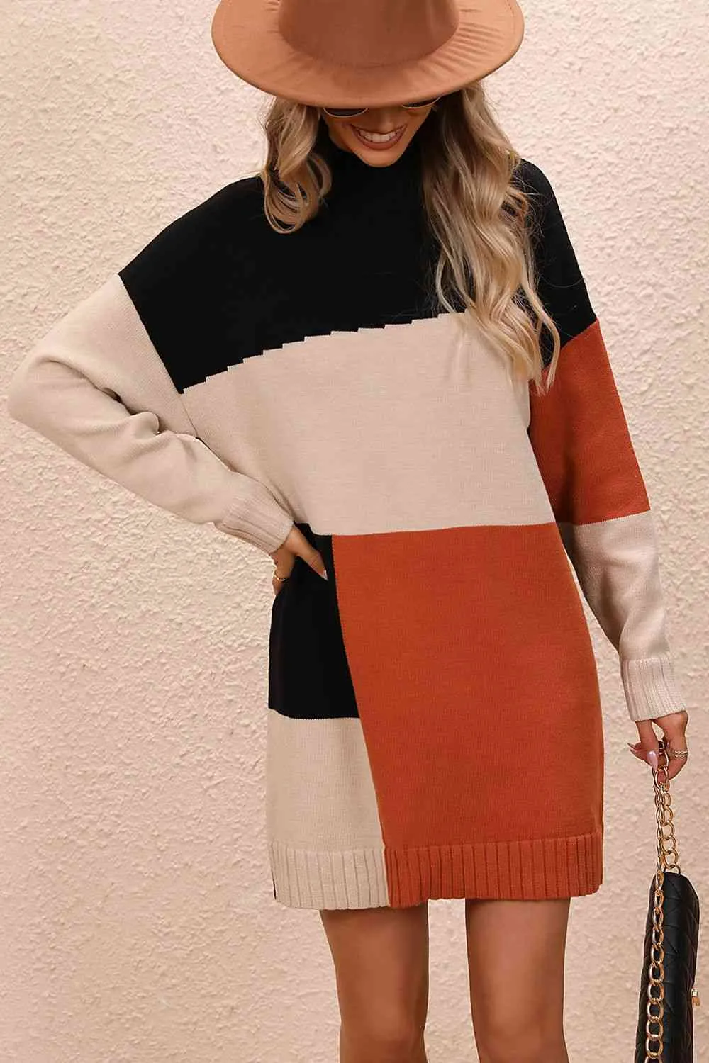 Color Block Mock Neck Dropped Shoulder Sweater Dress (4 Colors)