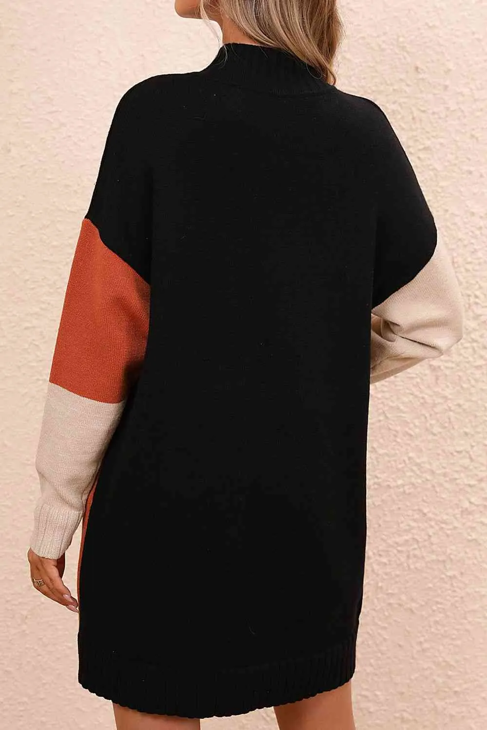 Color Block Mock Neck Dropped Shoulder Sweater Dress (4 Colors)