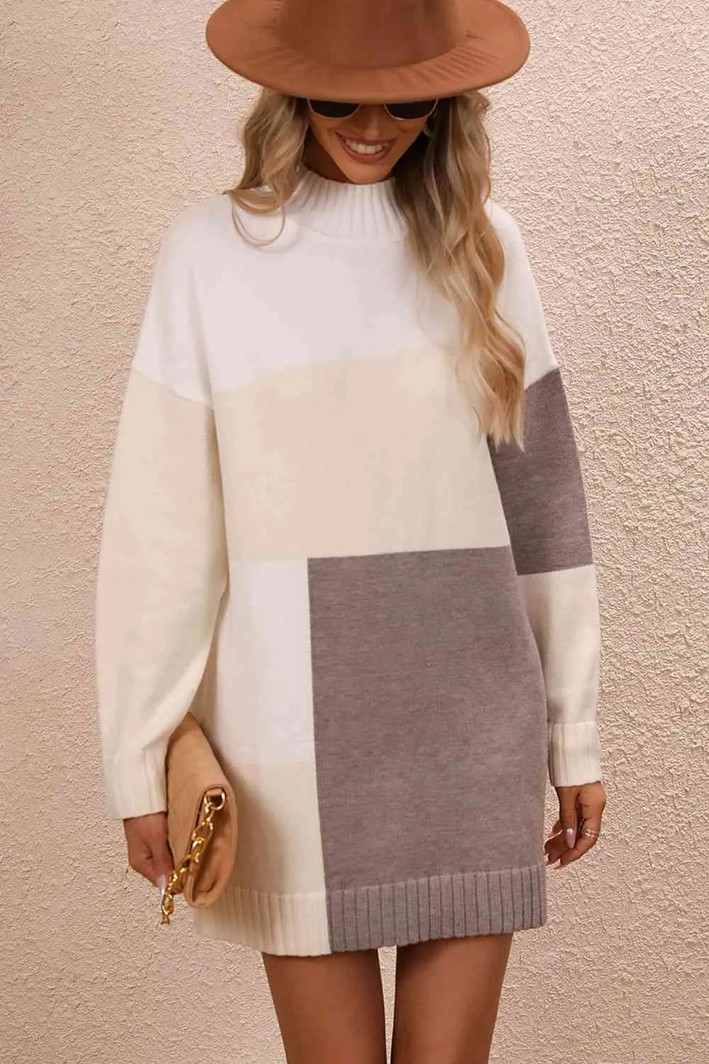 Color Block Mock Neck Dropped Shoulder Sweater Dress (4 Colors)
