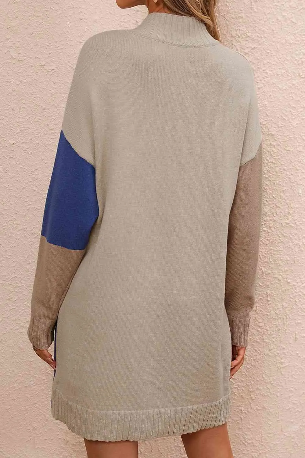 Color Block Mock Neck Dropped Shoulder Sweater Dress (4 Colors)