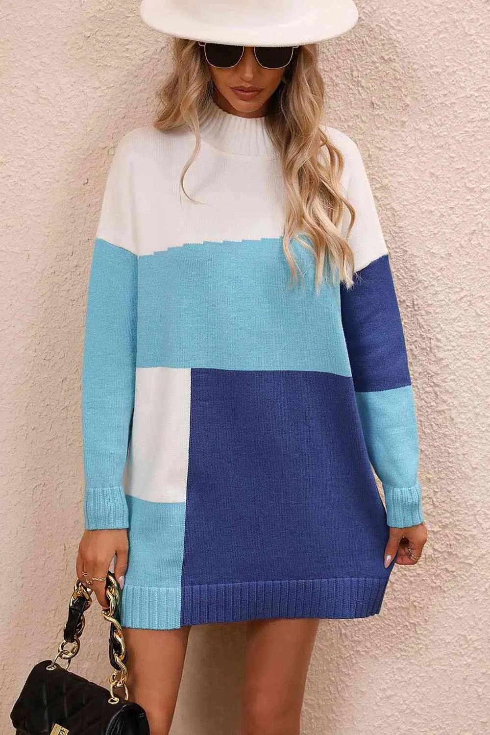Color Block Mock Neck Dropped Shoulder Sweater Dress (4 Colors)