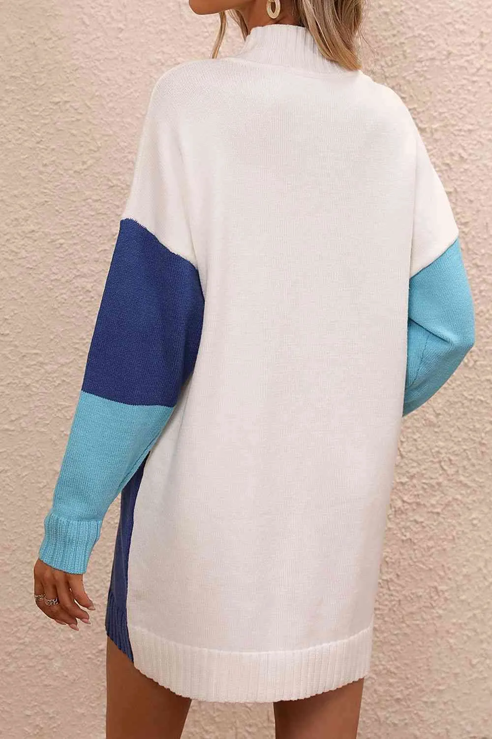 Color Block Mock Neck Dropped Shoulder Sweater Dress (4 Colors)