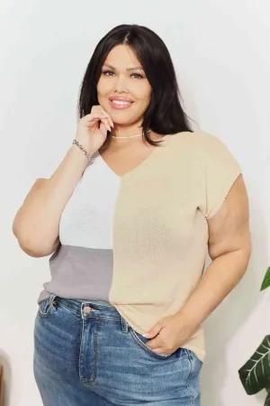 Color Block V-Neck Knit Top- 3 Colors (Tan, Burnt Coral, Teal)