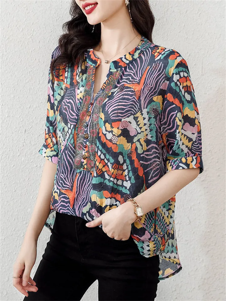 Colored Drawing Print V Neck Half Sleeve Rhinestone Shirt for Lady
