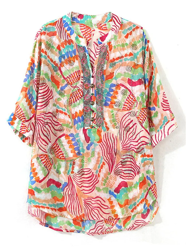 Colored Drawing Print V Neck Half Sleeve Rhinestone Shirt for Lady