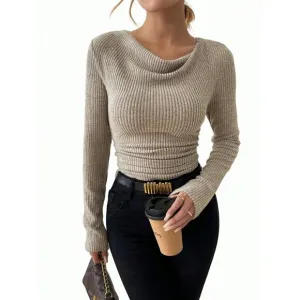 Cowl neck ribbed knit sweater tan beige neutral