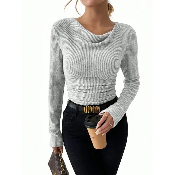 Cowl neck ribbed knit sweater tan beige neutral