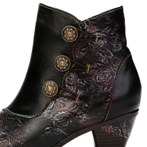 CrazycatZ Womens Leather Ankle  Boots Colorful Leather Buttoned Vintage Boots Block Heels Black