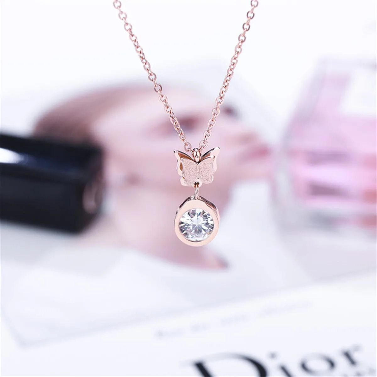 Cubic Zirconia & 18K Rose Gold-Plated Butterfly Pendant Necklace