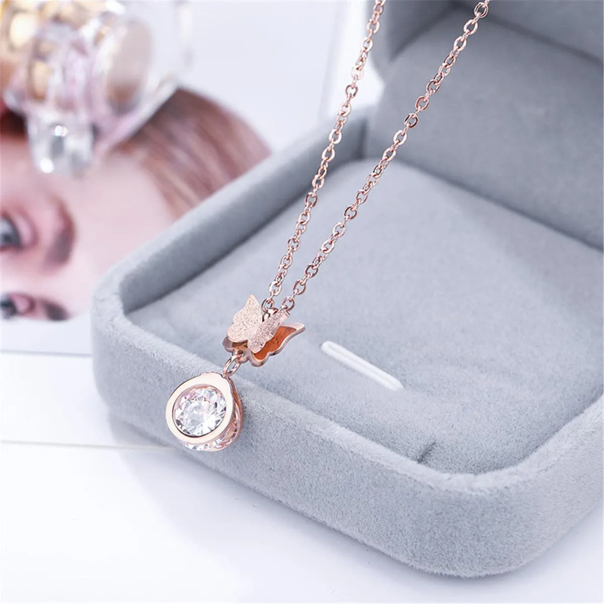 Cubic Zirconia & 18K Rose Gold-Plated Butterfly Pendant Necklace