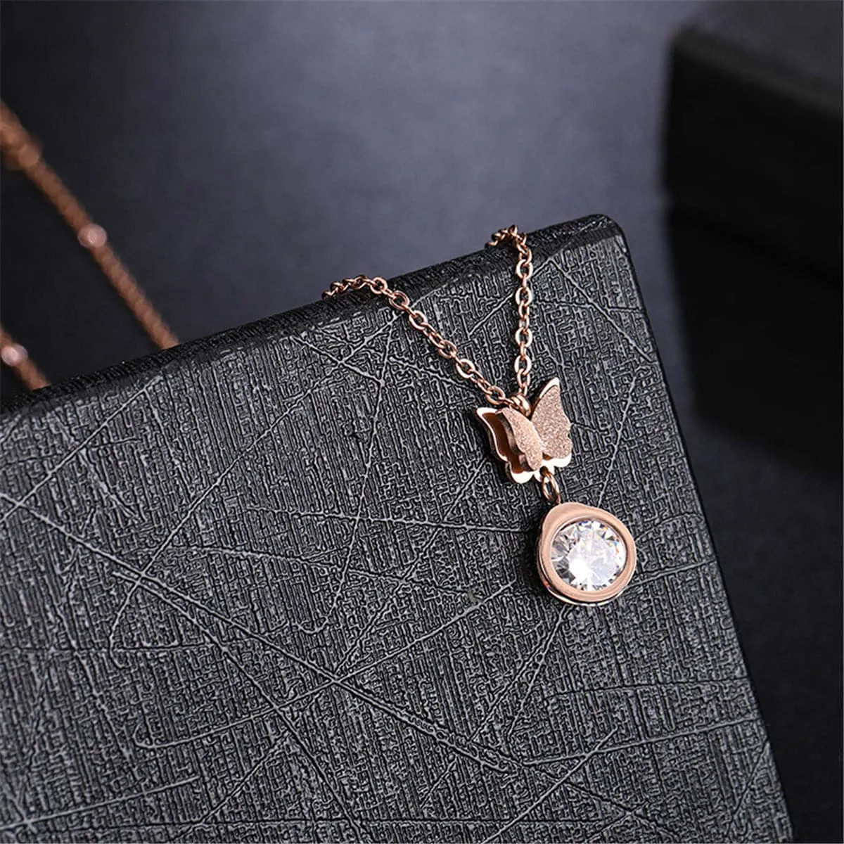 Cubic Zirconia & 18K Rose Gold-Plated Butterfly Pendant Necklace