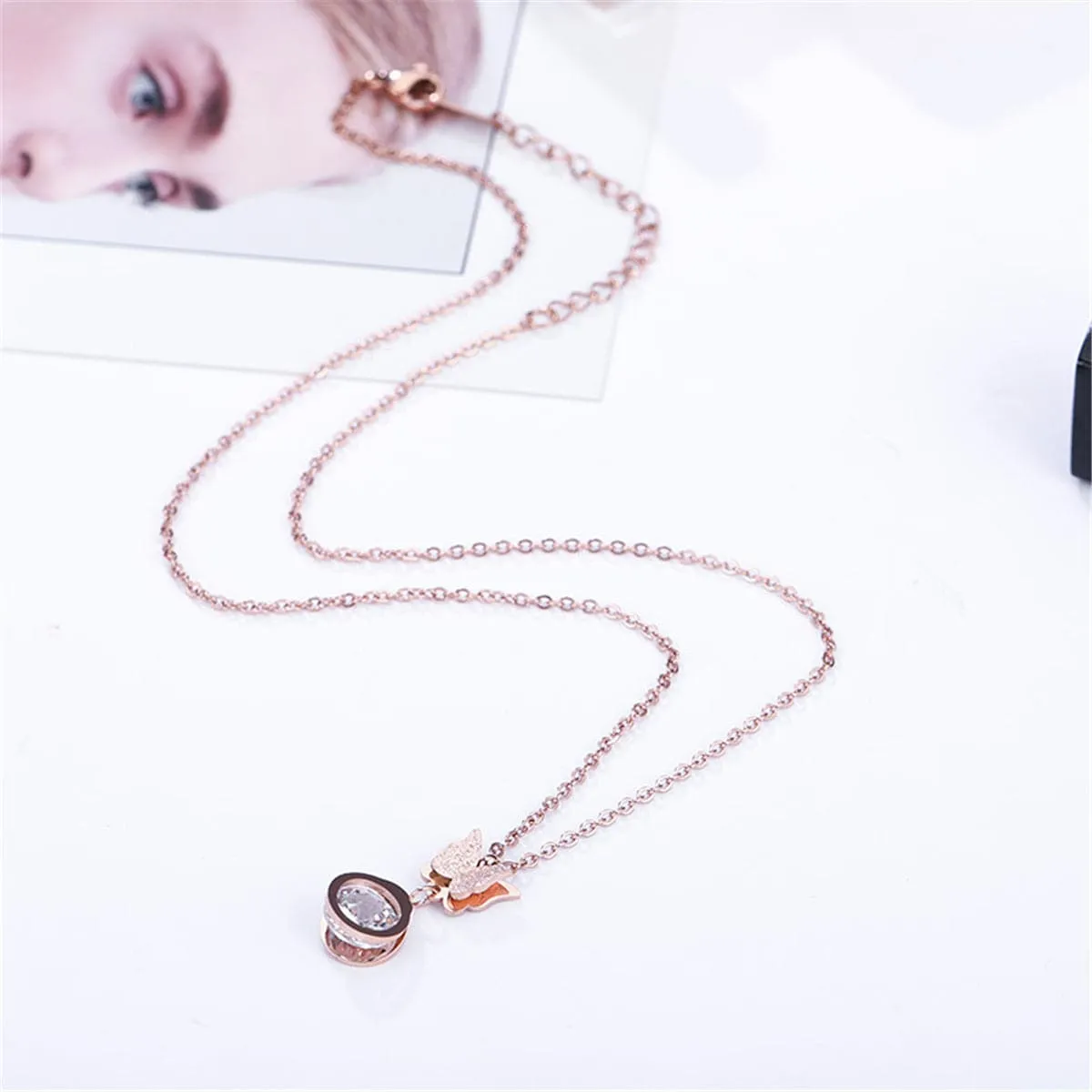 Cubic Zirconia & 18K Rose Gold-Plated Butterfly Pendant Necklace