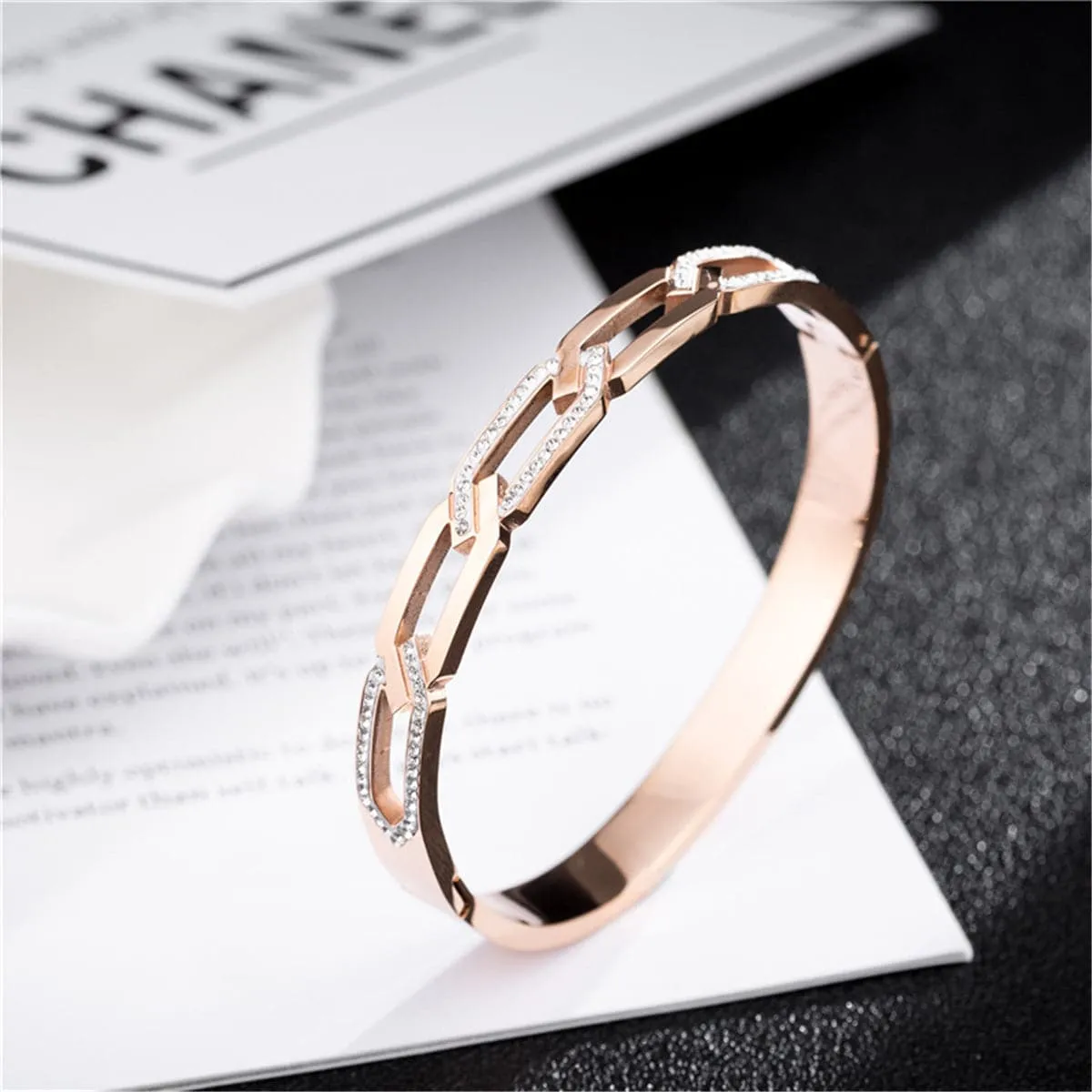 Cubic Zirconia & 18K Rose Gold-Plated Twisted Bangle