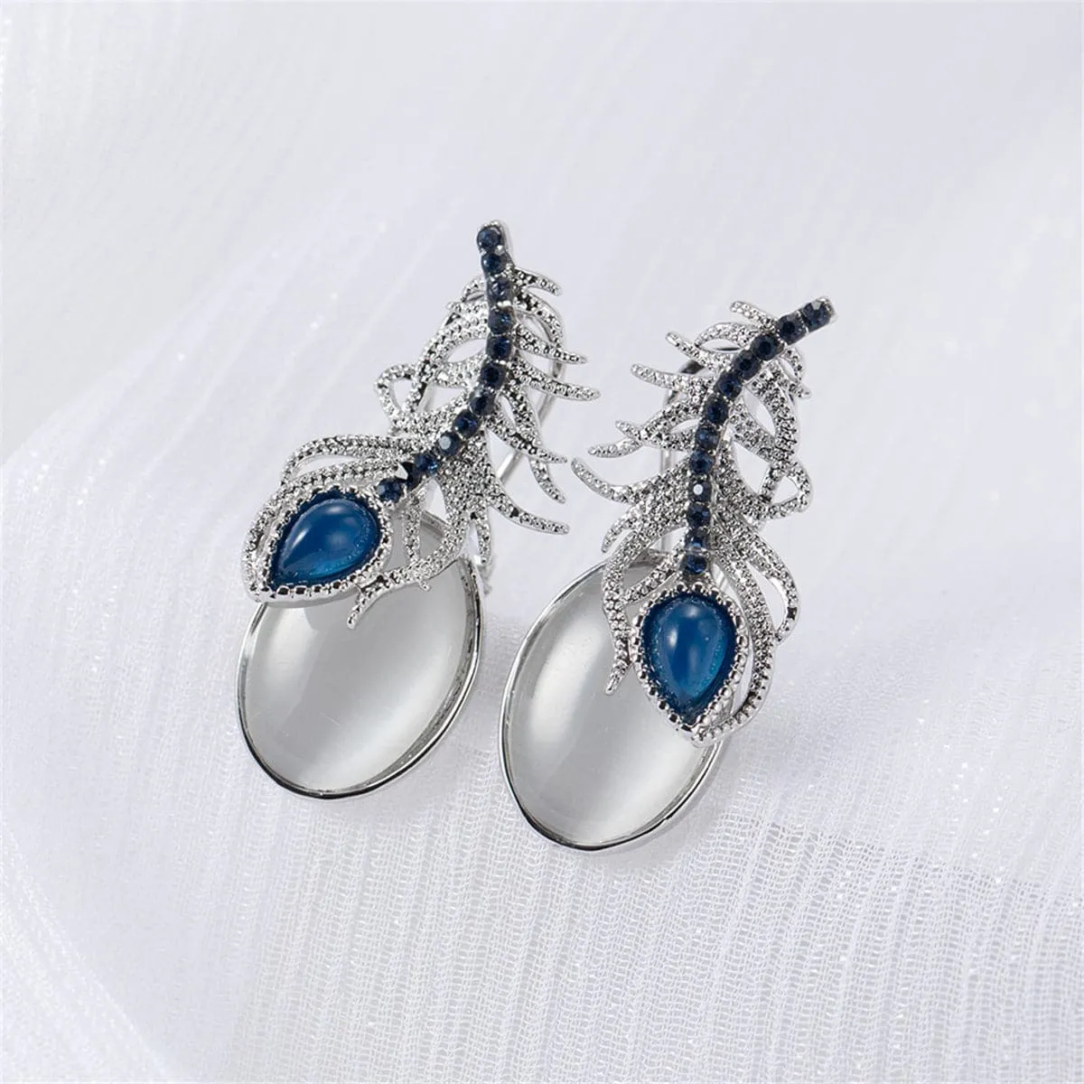 Cubic Zirconia & Blue Rhinestone Feather Pear-Cut Drop Earrings