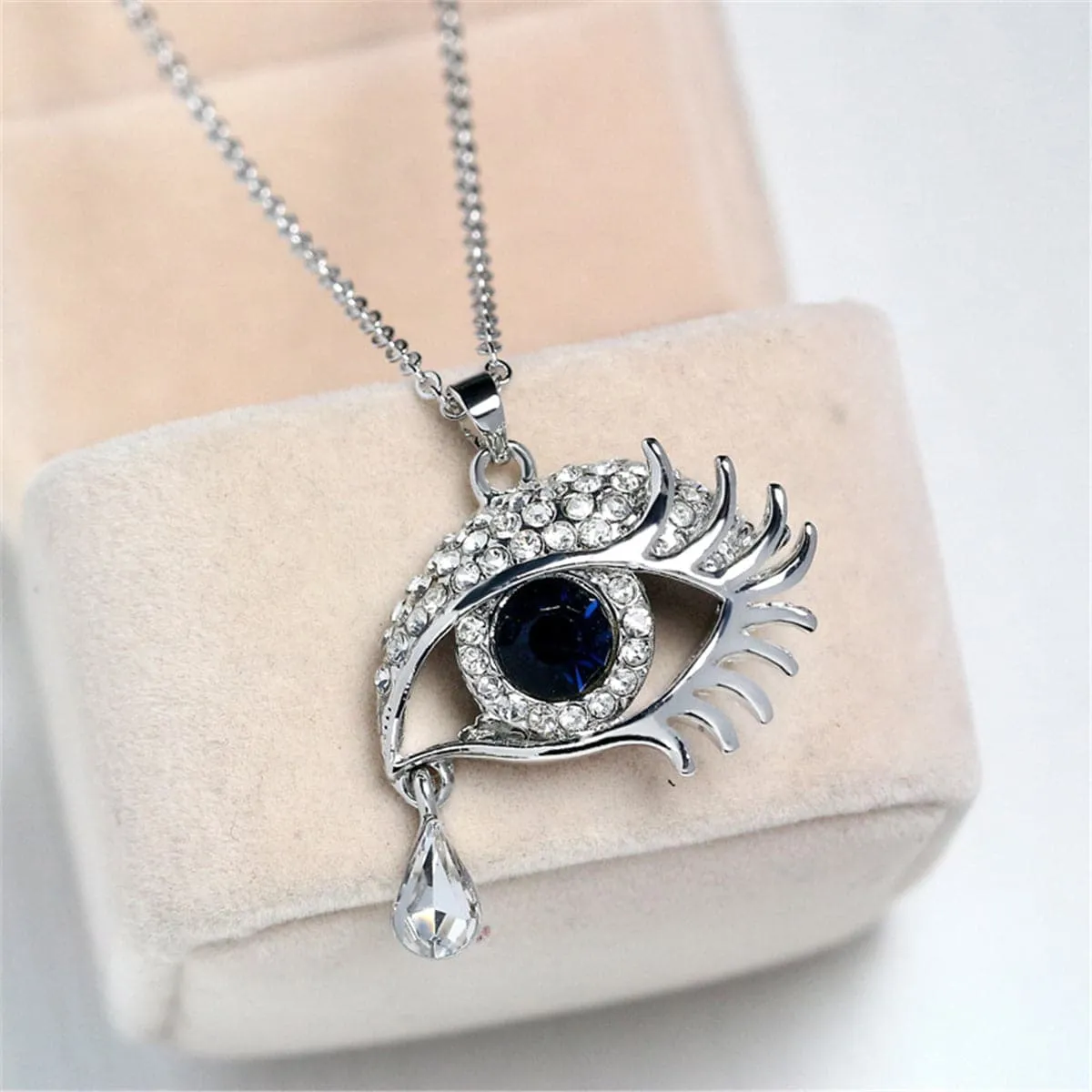 Cubic Zirconia & Blue Round Crystal Devil Eye Bezel Pendant Necklace