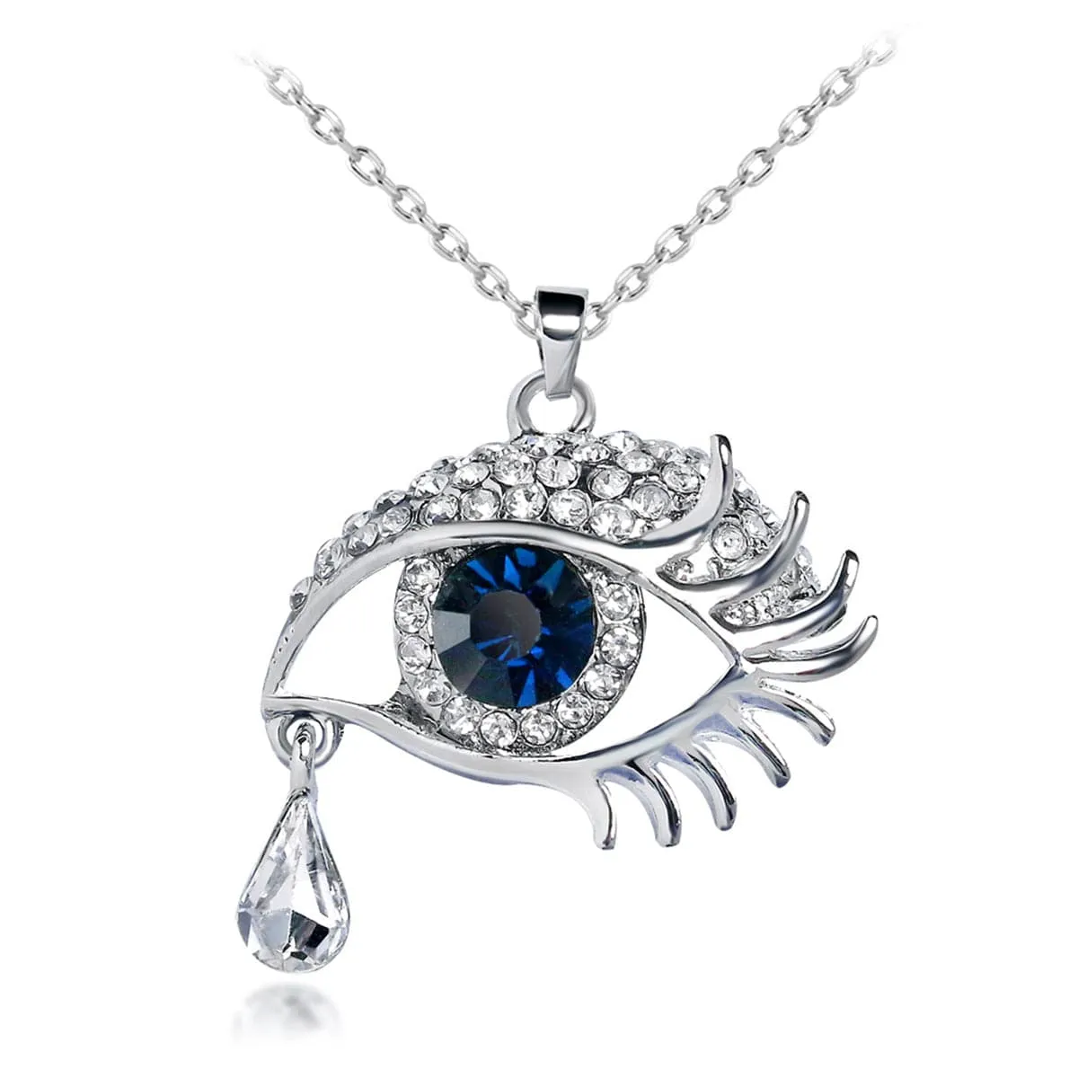 Cubic Zirconia & Blue Round Crystal Devil Eye Bezel Pendant Necklace