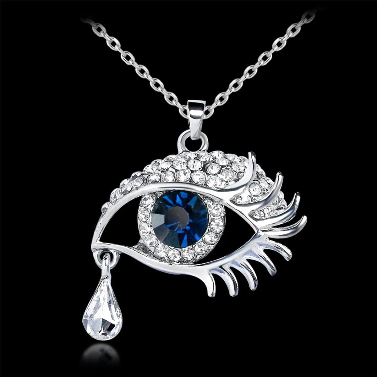 Cubic Zirconia & Blue Round Crystal Devil Eye Bezel Pendant Necklace