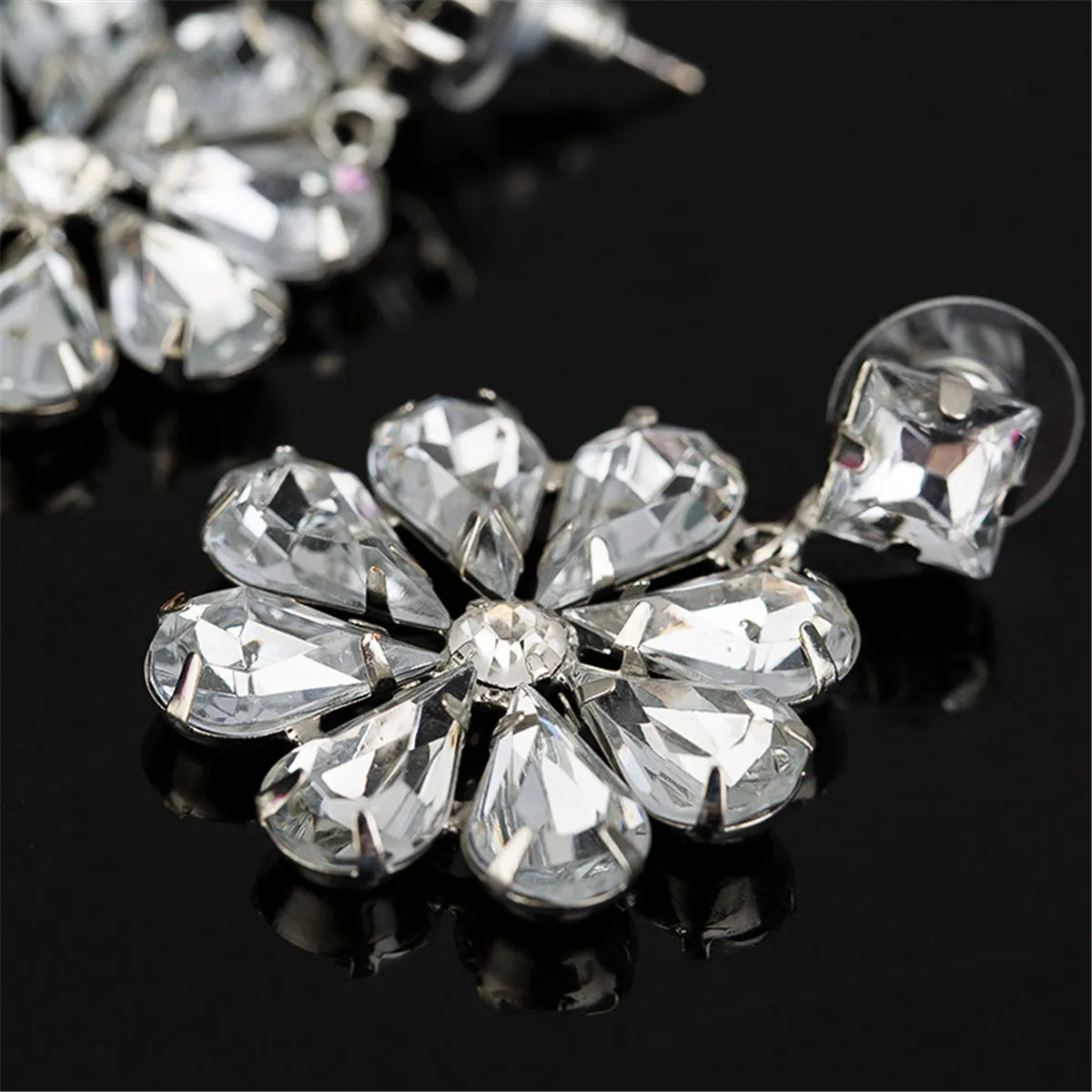Cubic Zirconia & Crystal Flower Drop Earrings