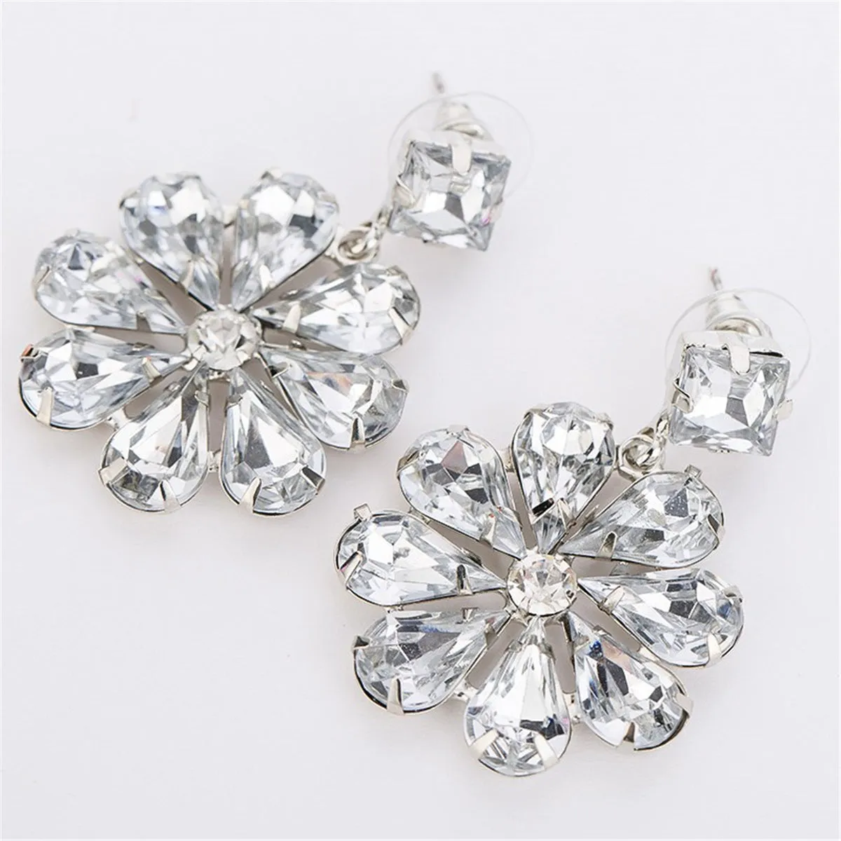 Cubic Zirconia & Crystal Flower Drop Earrings