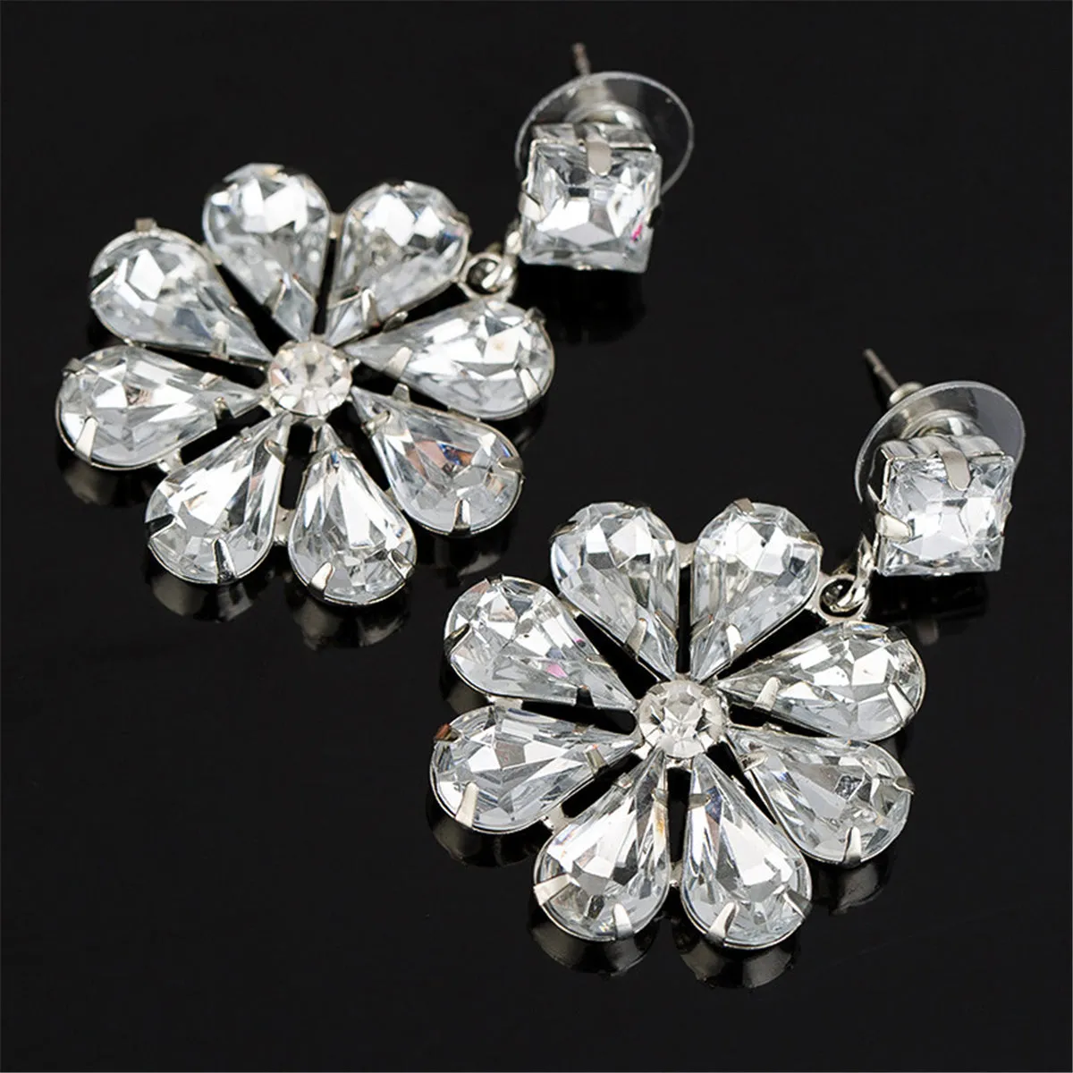 Cubic Zirconia & Crystal Flower Drop Earrings