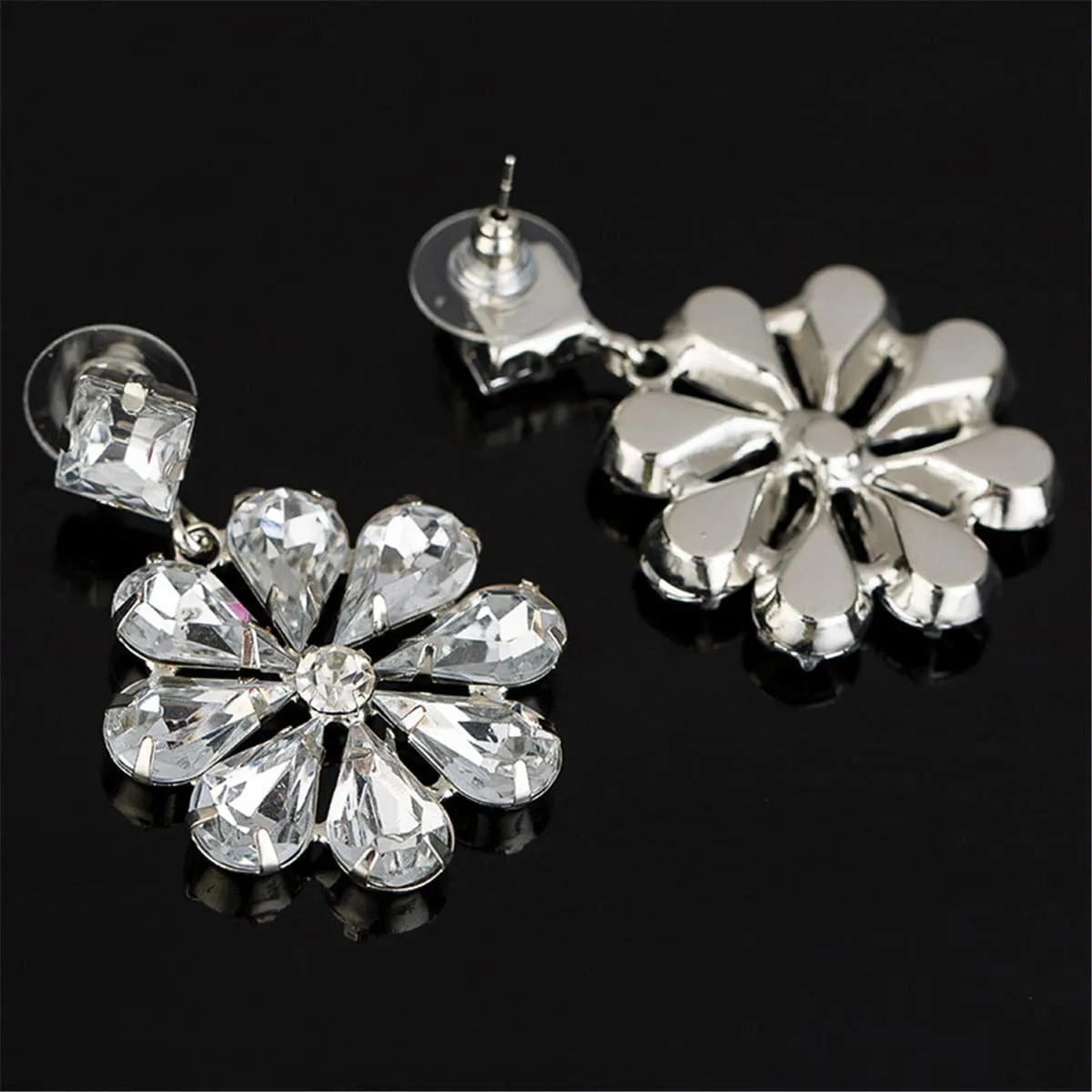 Cubic Zirconia & Crystal Flower Drop Earrings