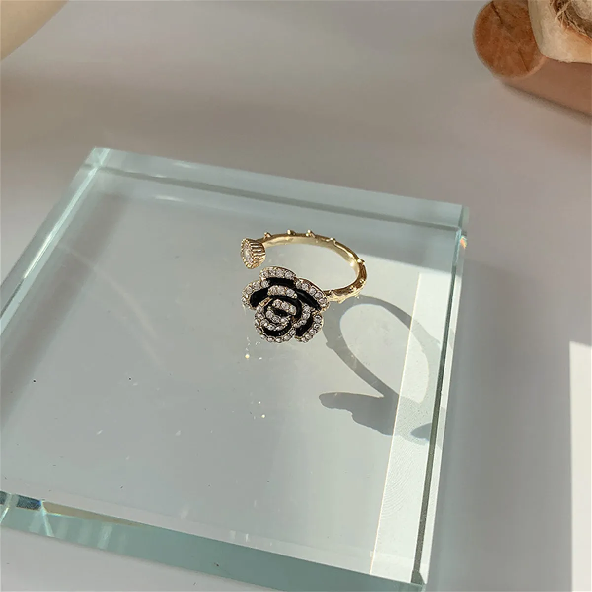 Cubic Zirconia & Enamel 18K Gold-Plated Camellia Bypass Ring