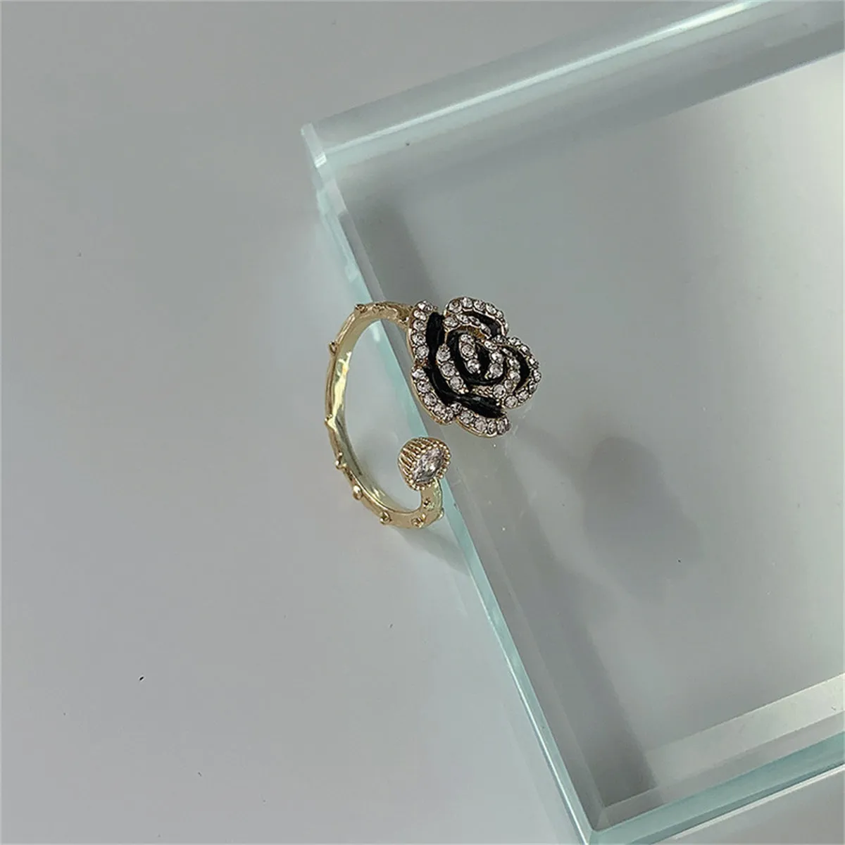 Cubic Zirconia & Enamel 18K Gold-Plated Camellia Bypass Ring