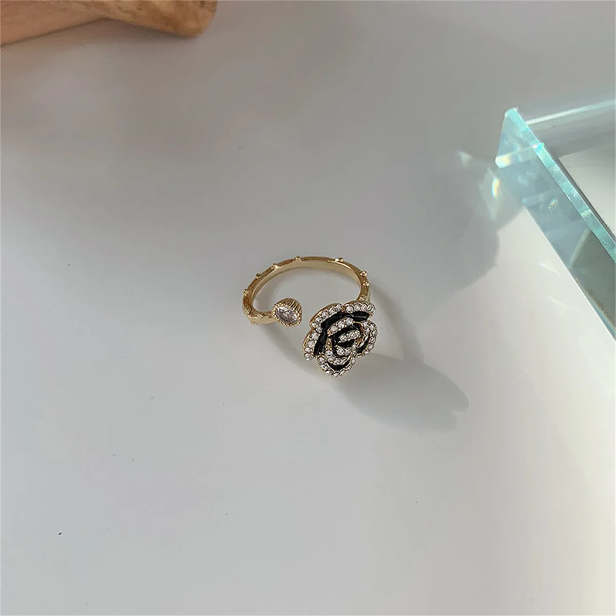 Cubic Zirconia & Enamel 18K Gold-Plated Camellia Bypass Ring