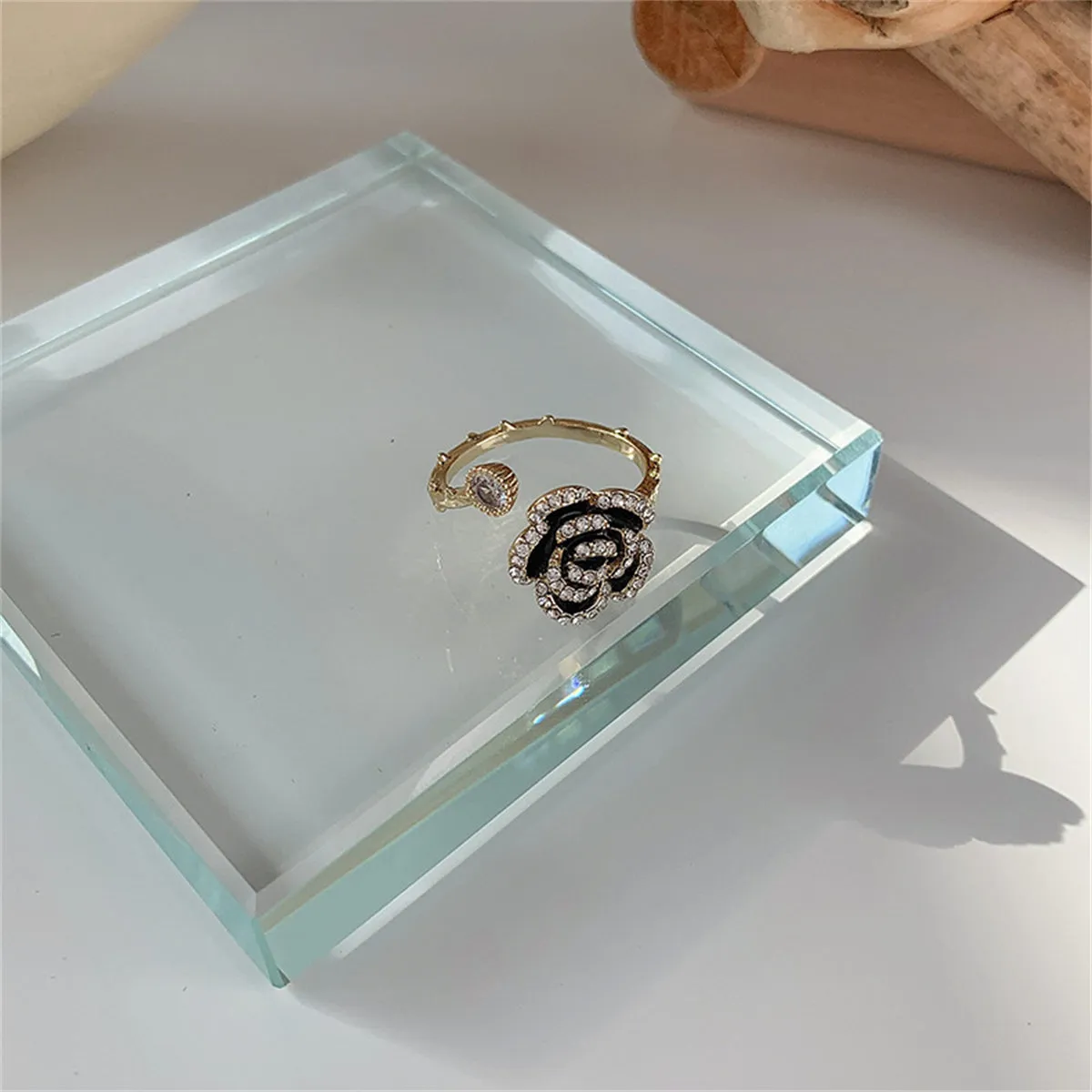 Cubic Zirconia & Enamel 18K Gold-Plated Camellia Bypass Ring