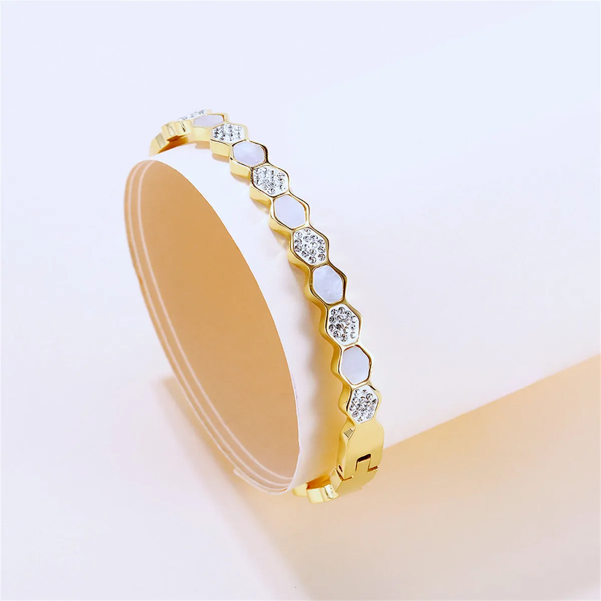 Cubic Zirconia & Shell 18K Gold-Plated Hexagon Bangle