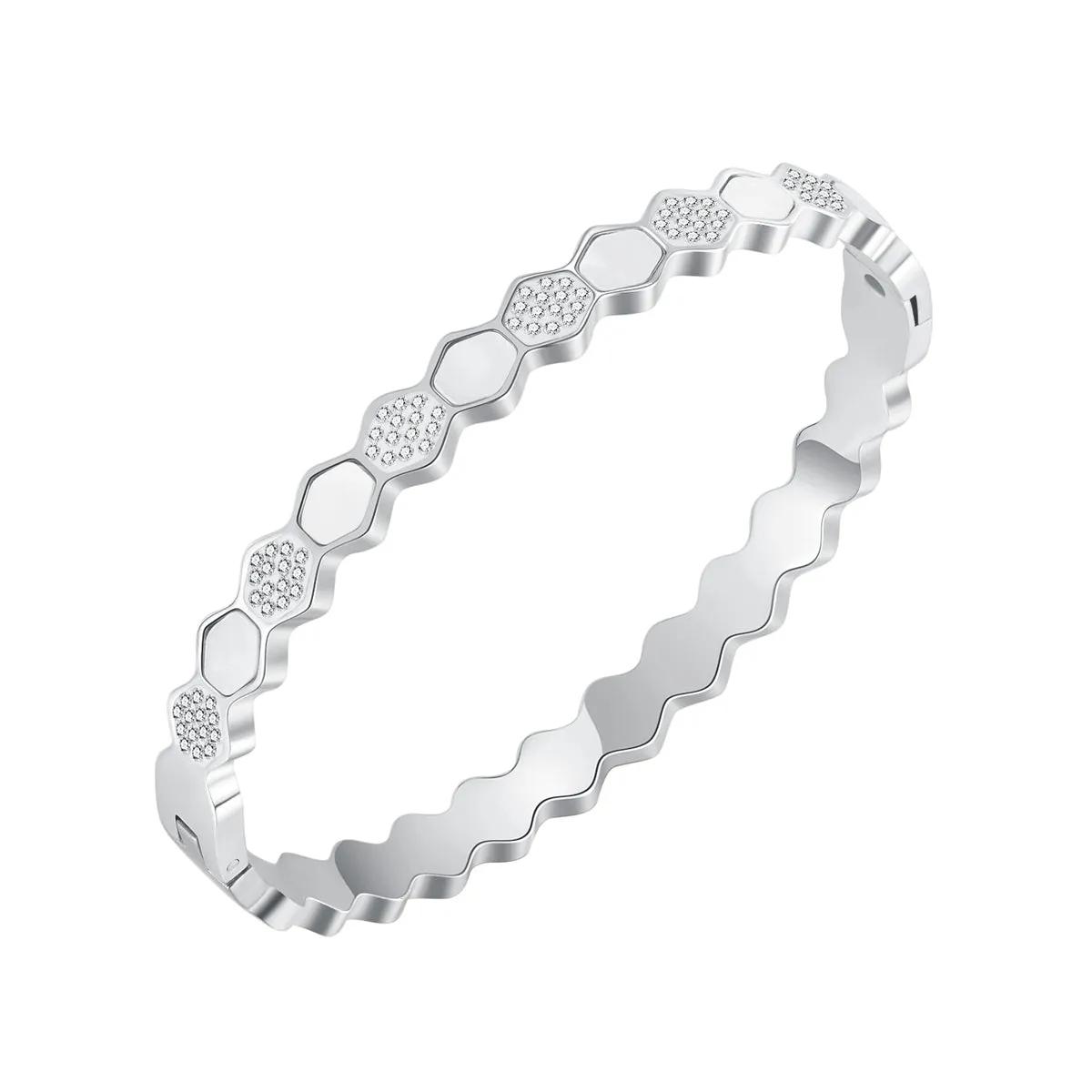 Cubic Zirconia & Shell Silver-Plated Hexagon Bangle