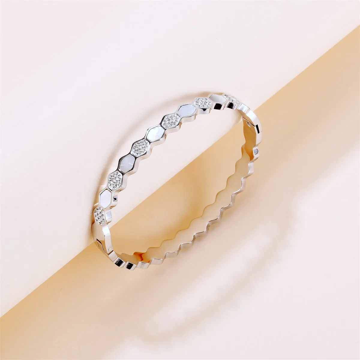 Cubic Zirconia & Shell Silver-Plated Hexagon Bangle