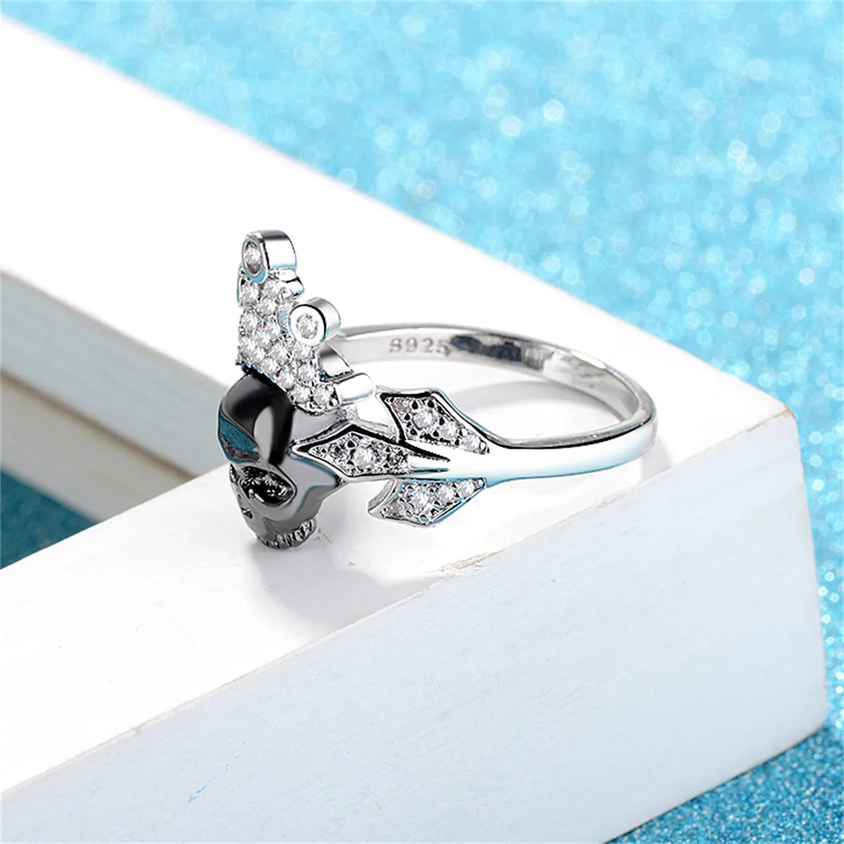 Cubic Zirconia & Silver-Plated Crown Skull Ring
