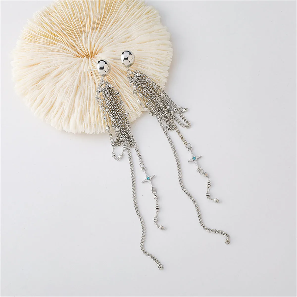Cubic Zirconia & Silver-Plated Star Tassel Drop Earrings