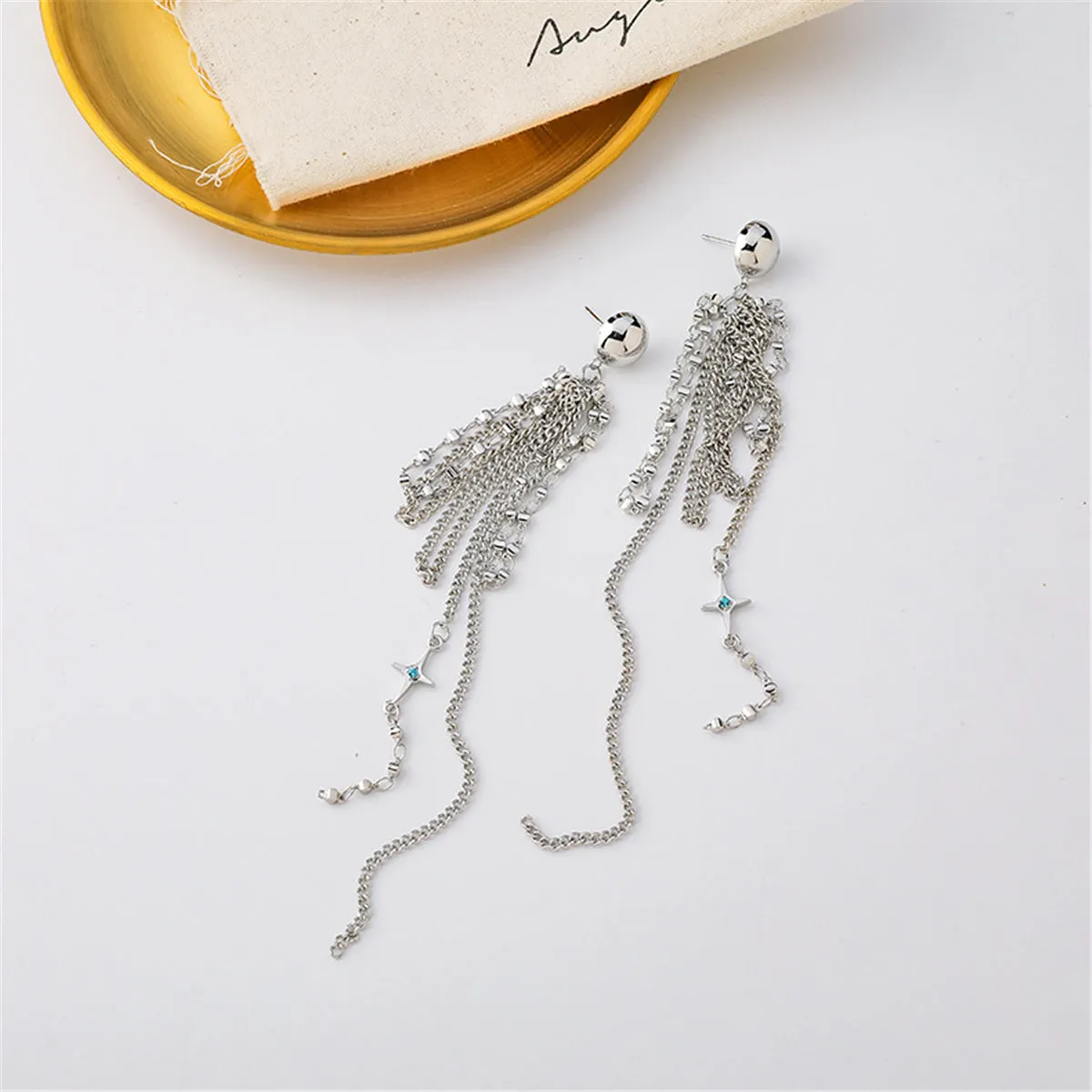 Cubic Zirconia & Silver-Plated Star Tassel Drop Earrings
