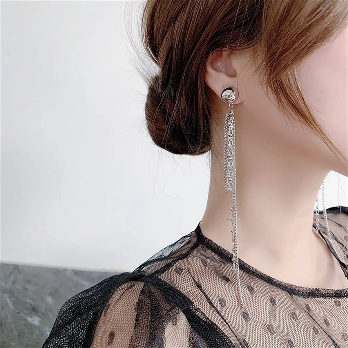 Cubic Zirconia & Silver-Plated Star Tassel Drop Earrings