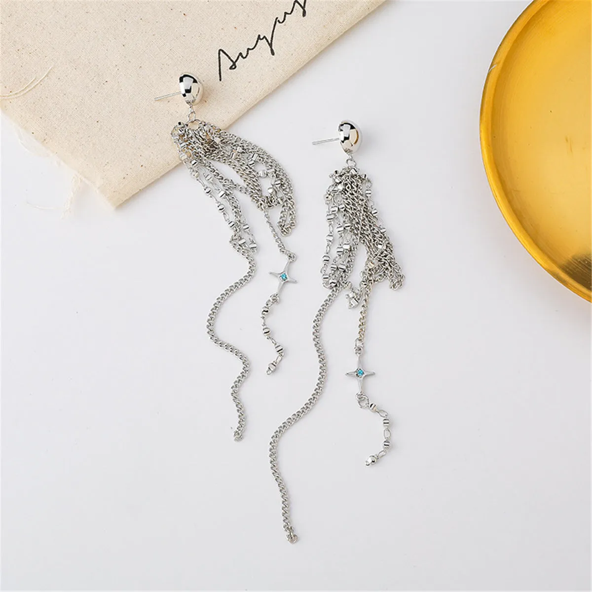Cubic Zirconia & Silver-Plated Star Tassel Drop Earrings
