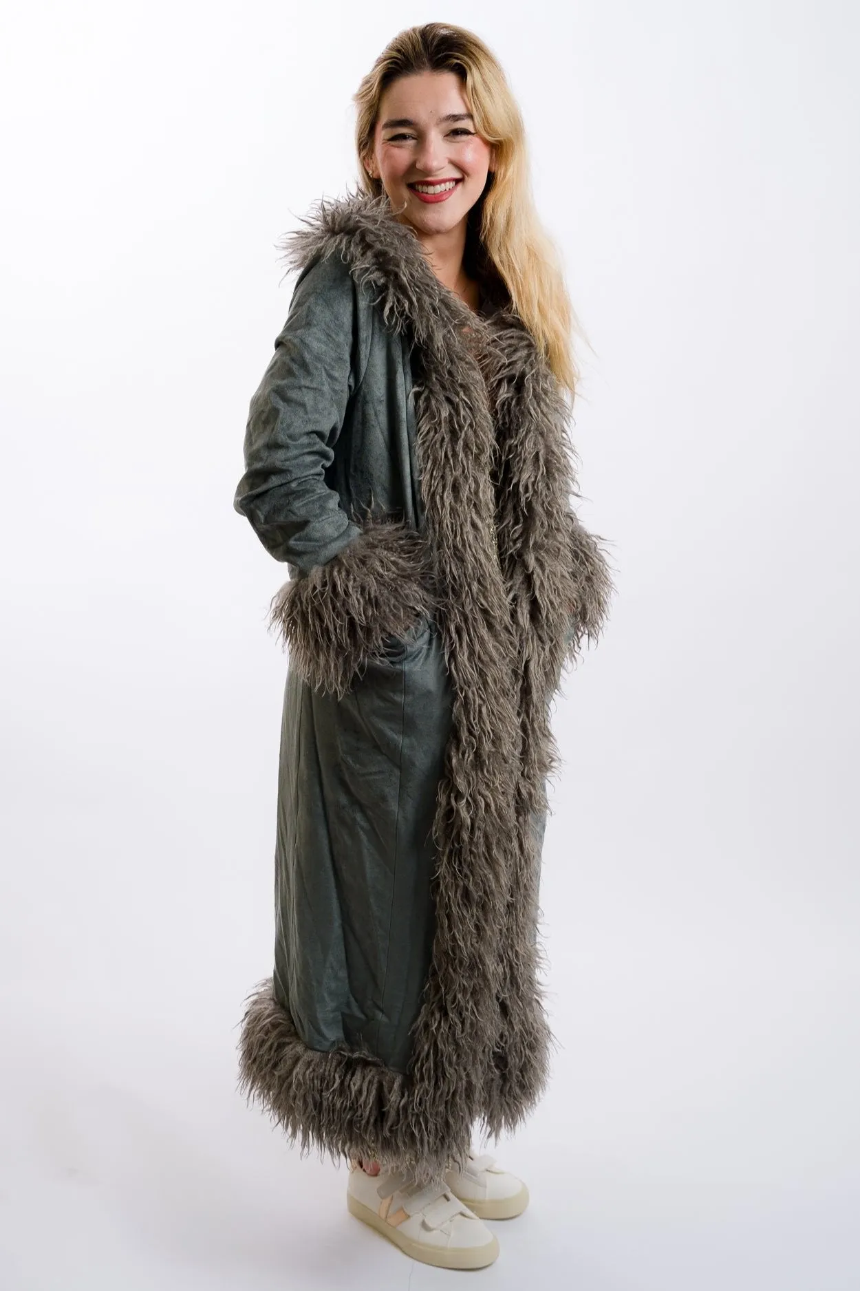 Daisy Street Faux Suede Afghan Coat - Grey