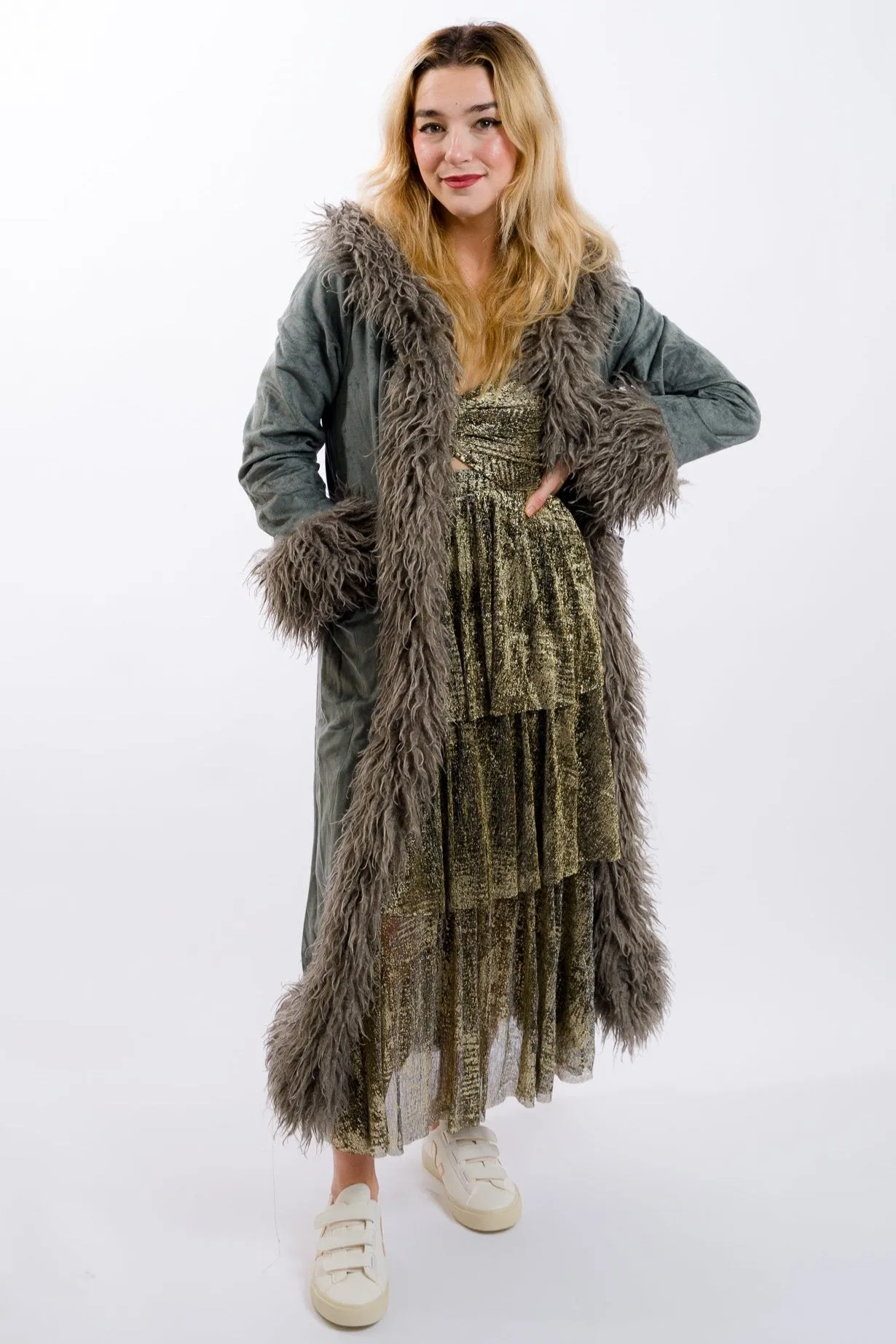 Daisy Street Faux Suede Afghan Coat - Grey
