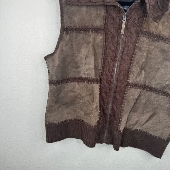 Designers Studio Women's Brown Suede &amp; Knit Vest XL Full Zip Casual