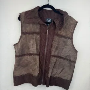 Designers Studio Women's Brown Suede &amp; Knit Vest XL Full Zip Casual