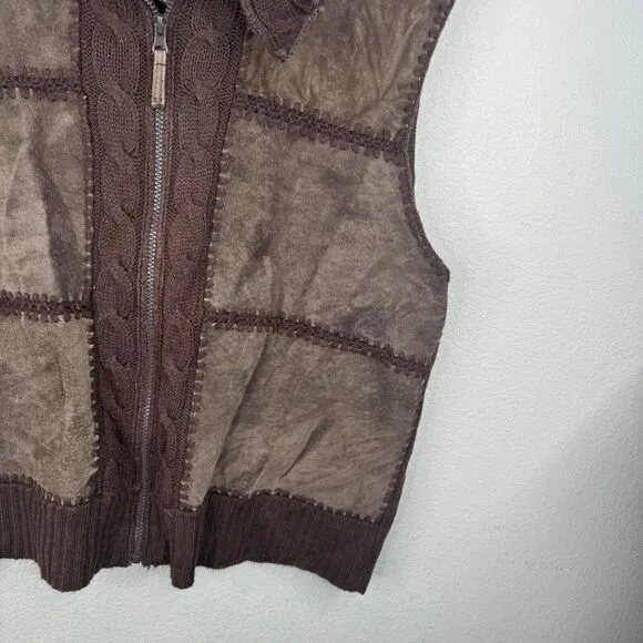 Designers Studio Women's Brown Suede &amp; Knit Vest XL Full Zip Casual