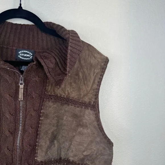 Designers Studio Women's Brown Suede &amp; Knit Vest XL Full Zip Casual