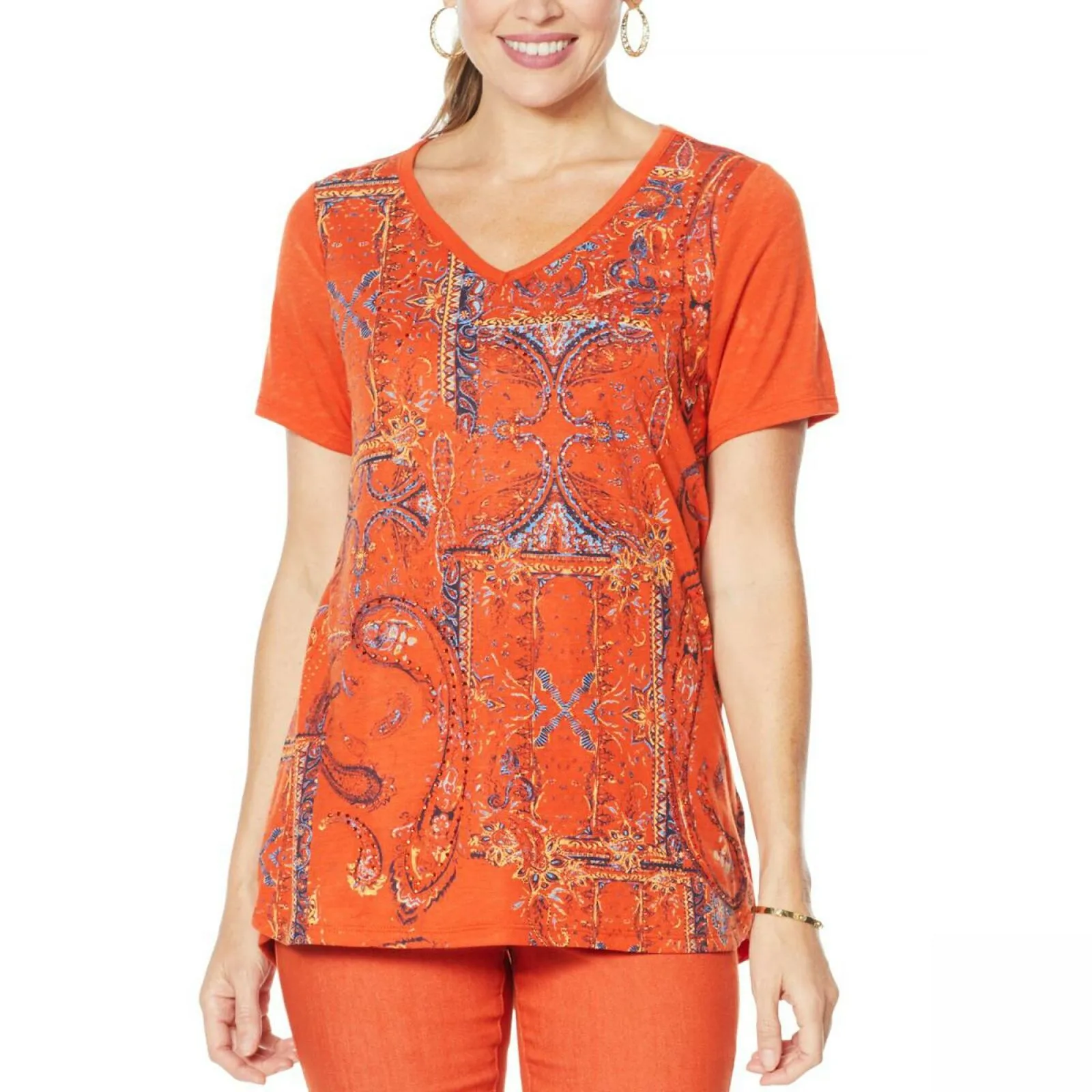 DG2 by Diane Gilman Women's Burnout Printed And Embellished Top Orange Large