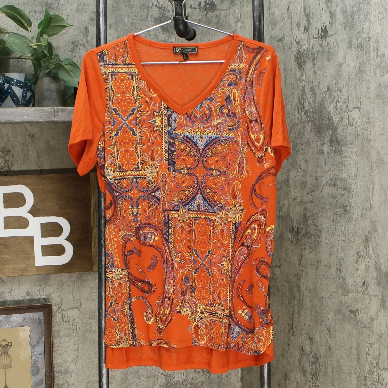 DG2 by Diane Gilman Women's Burnout Printed And Embellished Top Orange Large