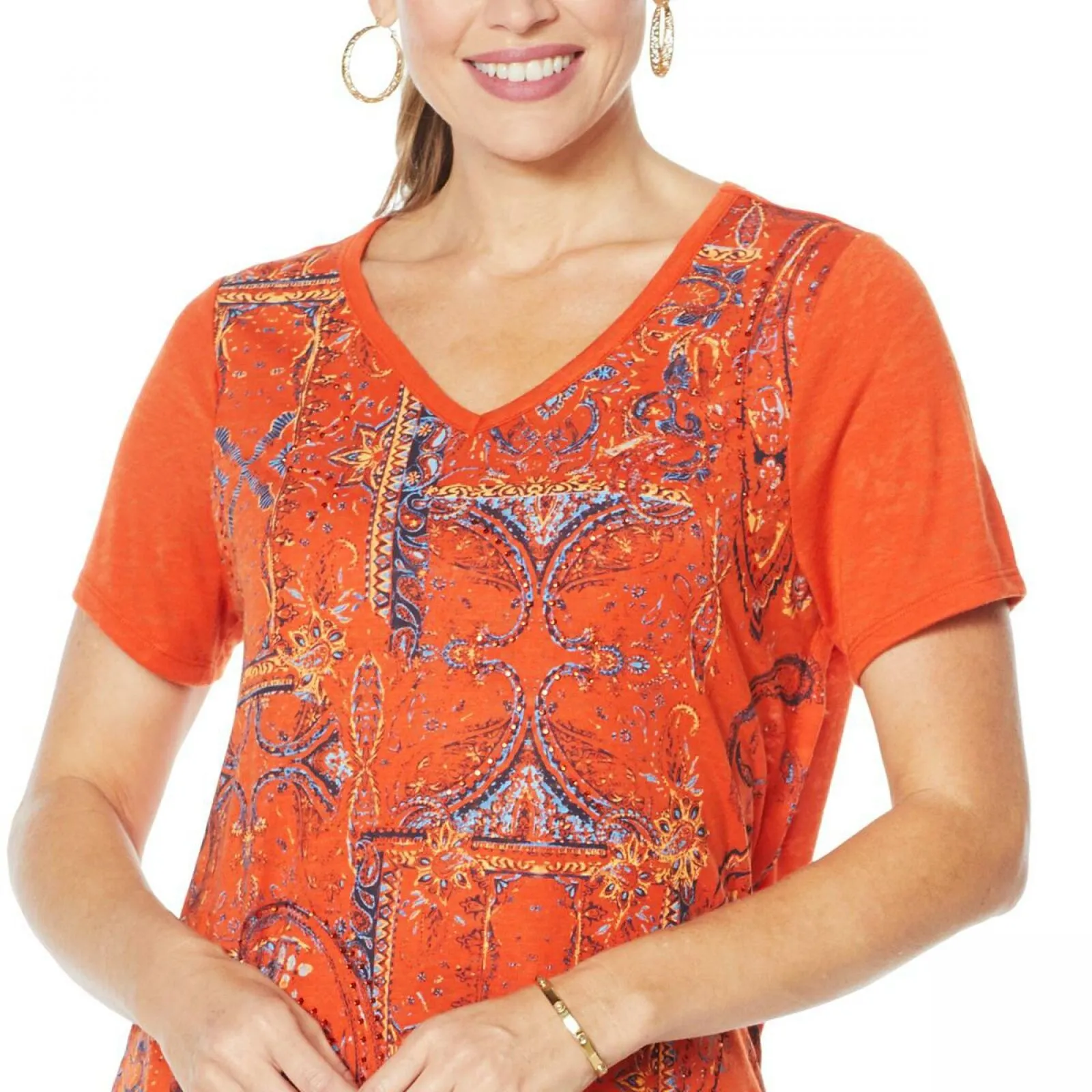 DG2 by Diane Gilman Women's Burnout Printed And Embellished Top Orange Large