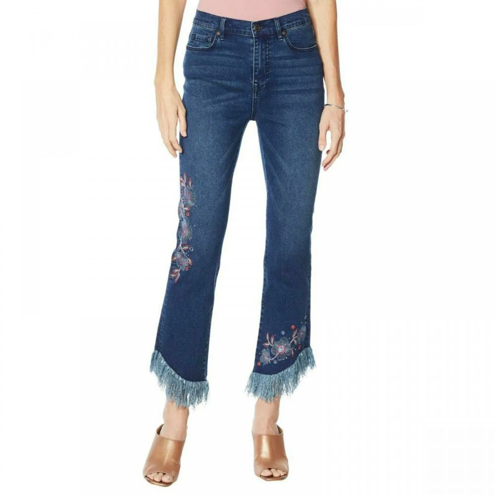 DG2 by Diane Gilman Women's Embellished Fringe Hem Cropped Jeans