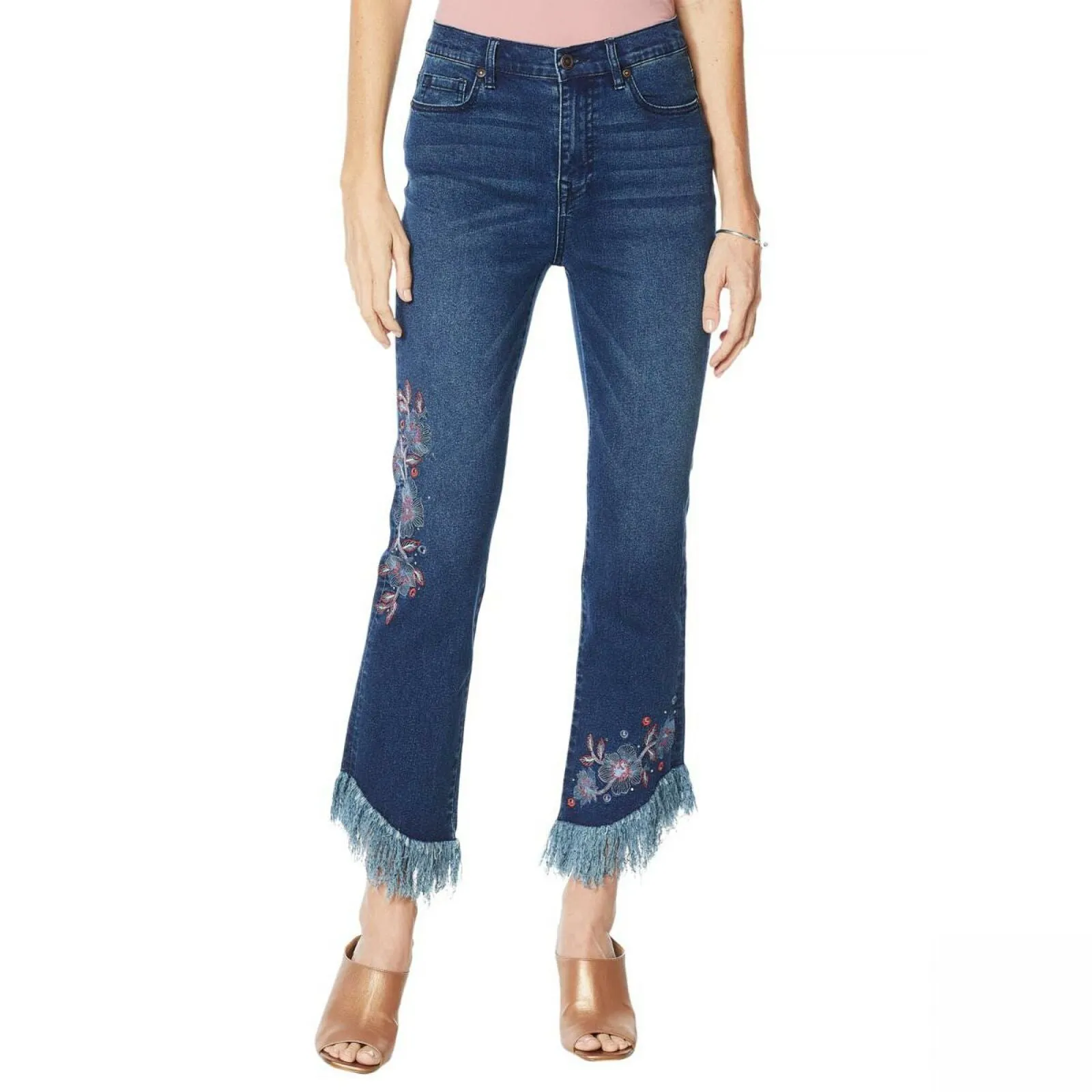 DG2 by Diane Gilman Women's Embellished Fringe Hem Cropped Jeans